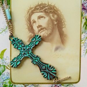 NEW LARGE Cross Necklace Rubbed Green Gold-Long